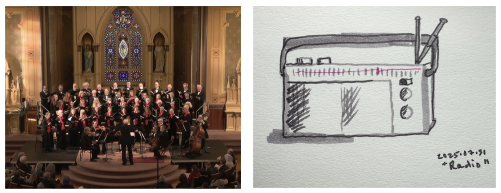 Side by side photo of the Santa Cruz Chorale singing December concert at holy Cross Church and illustration of portable radio done in brush pen with pink accent on the dial