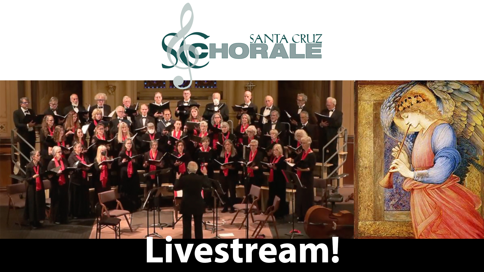 The Santa Cruz Chorale performs at Holy Cross in concert dress and red scarves, with a painting of an angel to one side
